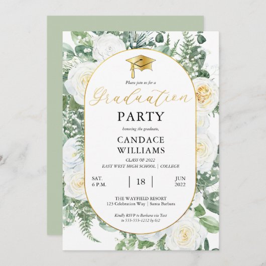 ホワイトローズフローラ金ゴールドフレーム卒業パーティー 招待状 (正面/裏面)