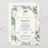 ホワイトローズフローラ金ゴールドフレーム卒業パーティー 招待状 (正面/裏面)