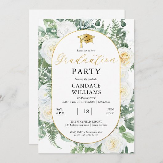 ホワイトローズフローラ金ゴールドフレーム卒業パーティー 招待状 (正面/裏面)
