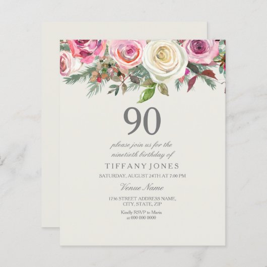 ホワイトローズフローラ90th誕生日予算招待状 (正面/裏面)
