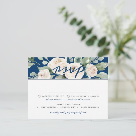 ホワイトローズフローラRSVPカードと食事の選択 出欠カード (スタンド正面)