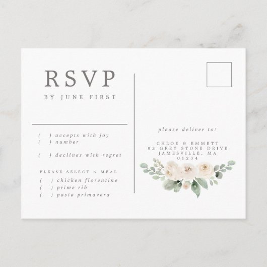 ホワイトローズフローラRSVPポストカード（食事の選択あり） インビテーションポストカード (裏面)