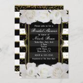 ホワイトローズブラックストライプ金ゴールドブライダルシャワー 招待状 (正面/裏面)