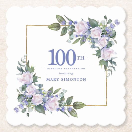 ホワイトローズブルーカスタムフローラ100thバースデーパーティー ペーパーコースター (正面)