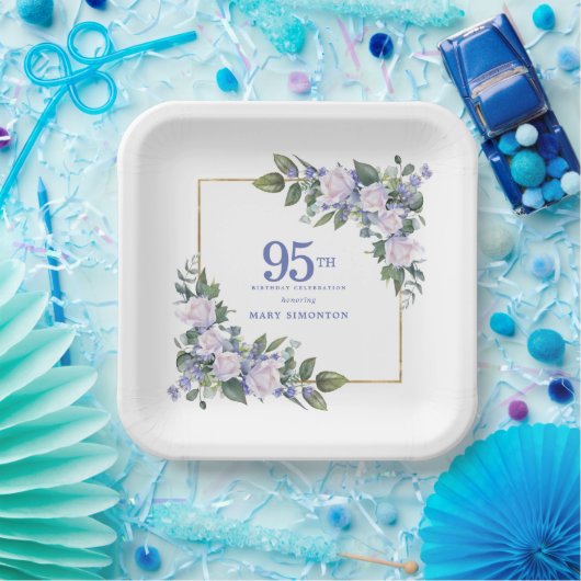 ホワイトローズブルーカスタムフローラ95thバースデーパーティー ペーパープレート (パーティー)