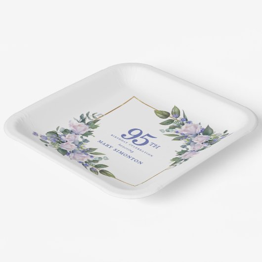 ホワイトローズブルーカスタムフローラ95thバースデーパーティー ペーパープレート (傾斜あり)