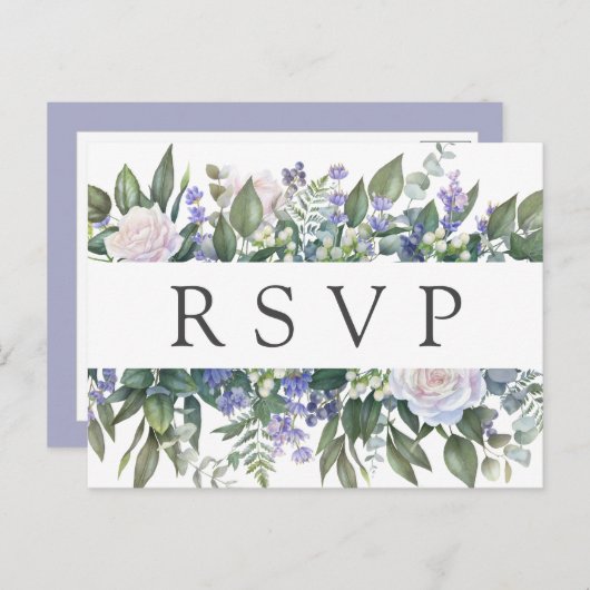ホワイトローズブルーフローラ結婚式RSVPポストカード インビテーションポストカード (正面/裏面)