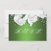 ホワイトローズブーケとメタリックグリーンウェディングRSVP 出欠カード (正面)