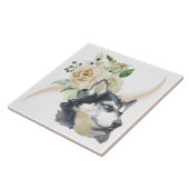 ホワイトローズブーケシベリアハスキー犬 タイル (側面)