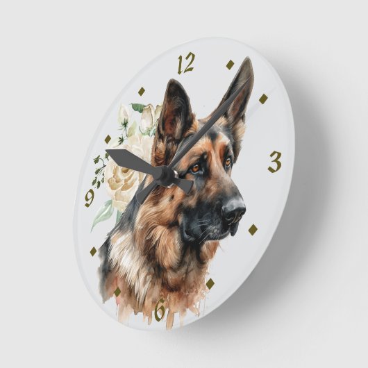 ホワイトローズブーケドイツ羊飼い犬 ラウンド壁時計 (傾斜)