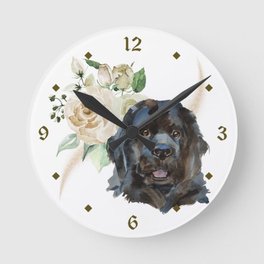 ホワイトローズブーケニューファンドランド犬 ラウンド壁時計 (正面)