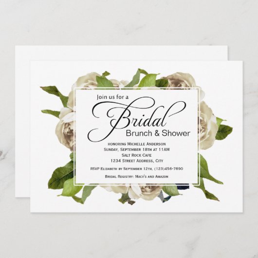 ホワイトローズブーケフローラブライダルシャワー 招待状 (正面/裏面)