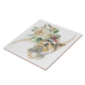 ホワイトローズブーケヨークシャーテリアドッグ タイル (側面)