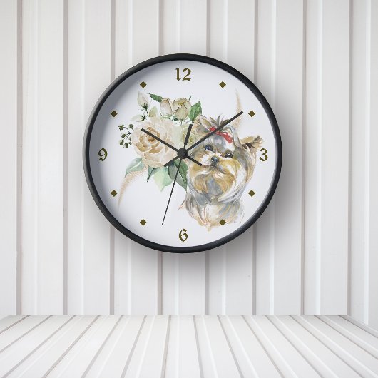ホワイトローズブーケヨークシャーテリアドッグ ラウンド壁時計