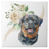 ホワイトローズブーケロットワイラー犬 タイル (正面)