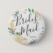 ホワイトローズブーケ名前をカスタムする結婚ズ 缶バッジ (正面)