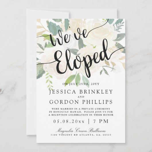 ホワイトローズブーケ | 私たちは駆け落ちしました | レセプションパーティー 招待状 (正面)