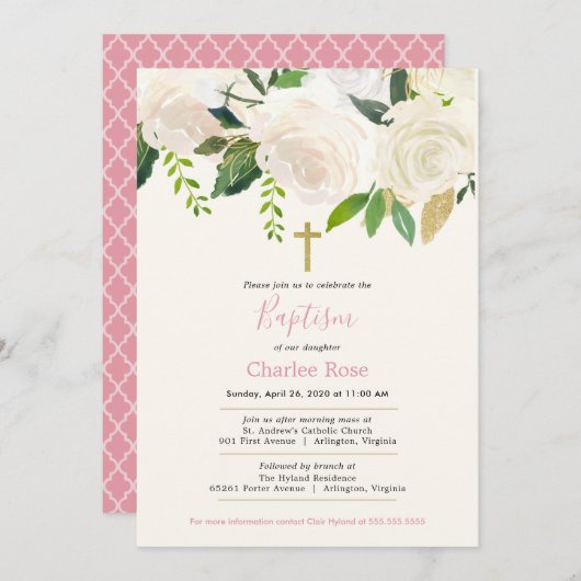 ホワイトローズベビーバプティスアンドブランチピンク&グリーン 招待状 (正面/裏面)