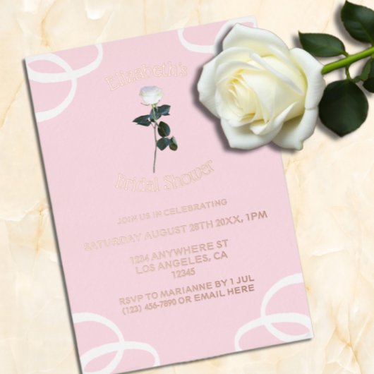 ホワイトローズペタルピンクブライダルシャワー 箔招待状