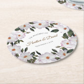ホワイトローズボタニカルイラストレーション結婚ズ ラウンドペーパーコースター (アングル)
