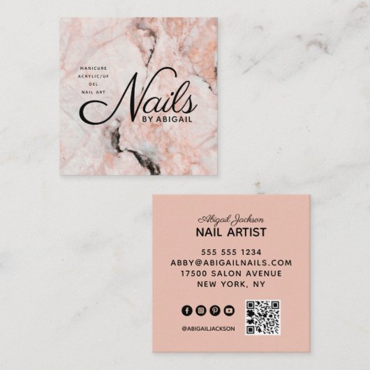 ホワイトローズマーブル爪、 ネイルズバイネームQRコードピーチ スクエア名刺 (正面/裏面)