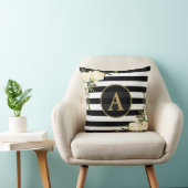 ホワイトローズモノグラム金ゴールド白黒 ストライプの クッション (椅子)