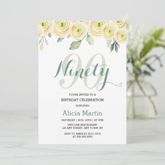 ホワイトローズユーカリかわいらしプラフローラ90誕生日 招待状 (スタンド正面)