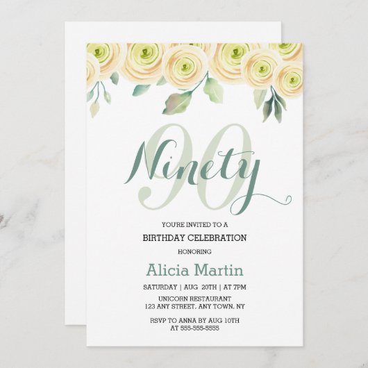 ホワイトローズユーカリかわいらしプラフローラ90誕生日 招待状 (正面/裏面)