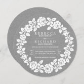 ホワイトローズリースグレークラフト紙結婚ズ 招待状 (正面/裏面)