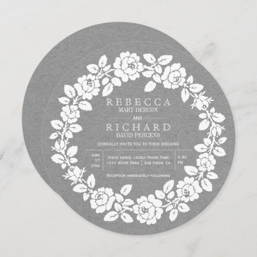 ホワイトローズリースグレークラフト紙結婚ズ 招待状 (正面/裏面)