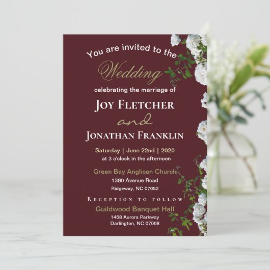 ホワイトローズレッド背景結婚式招待状 案内状 (スタンド正面)