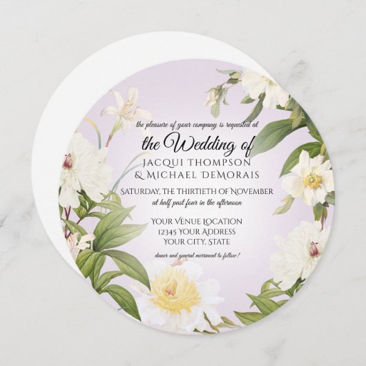 ホワイトローズ牡丹ヴィンテージラベンダー結婚フローラ 招待状 (正面/裏面)