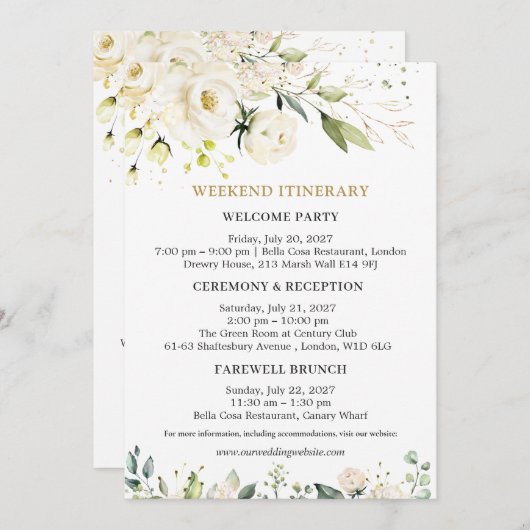 ホワイトローズ結婚ズウィークエンド旅程招待状 招待状 (正面/裏面)