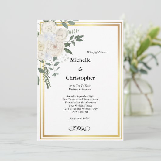 ホワイトローズ縁ど金ゴールドフローラエレガントな結婚式 招待状 (スタンド正面)