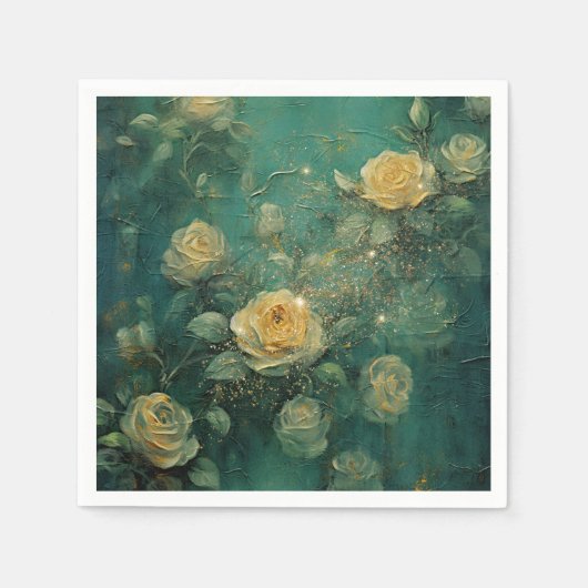 ホワイトローズ金ゴールドアンティークヴィンテージロマンチックグリーン スタンダードカクテルナプキン (正面)