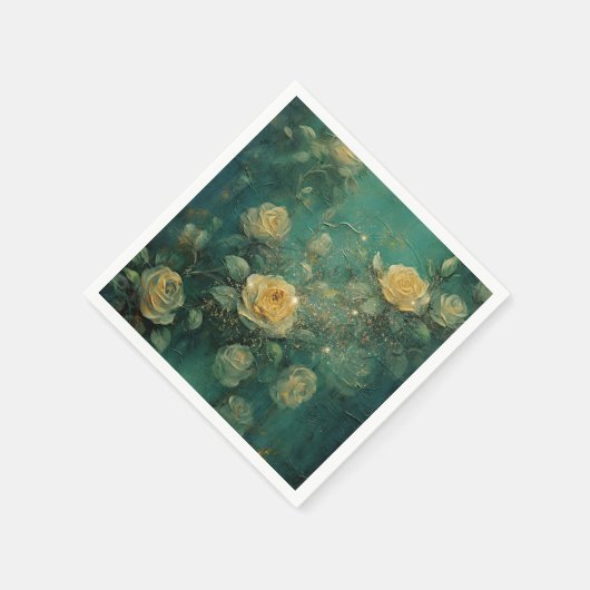 ホワイトローズ金ゴールドアンティークヴィンテージロマンチックグリーン スタンダードカクテルナプキン (角)