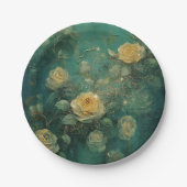 ホワイトローズ金ゴールドアンティークヴィンテージロマンチックグリーン ペーパープレート (正面)