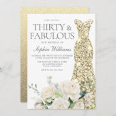 ホワイトローズ金ゴールドガウン30th誕生日パーティー 招待状 (正面/裏面)