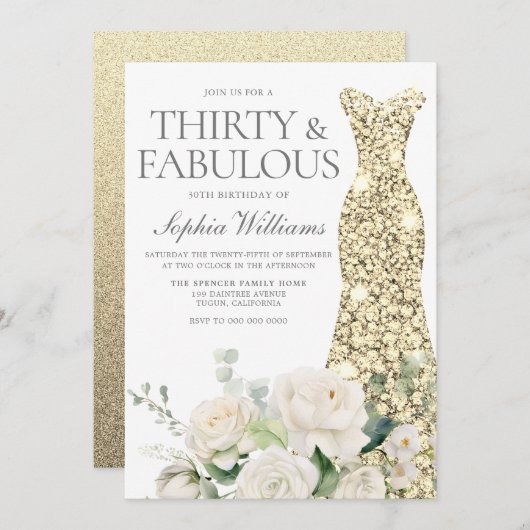 ホワイトローズ金ゴールドガウン30th誕生日パーティー 招待状 (正面/裏面)