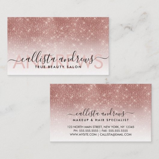 ホワイトローズ金ゴールドグラデーショングリッターメイクアップヘアサロン 名刺 (正面/裏面)