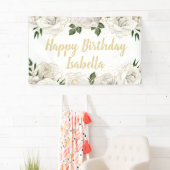 ホワイトローズ金ゴールドグリッターハッピーバースデー名 横断幕 (インサイチュ)