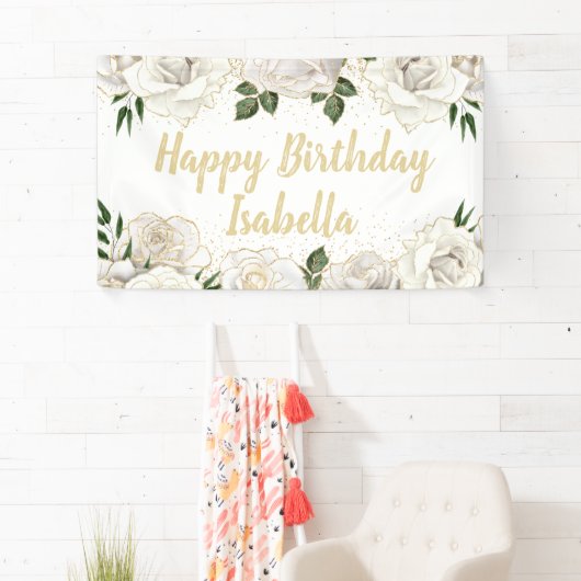 ホワイトローズ金ゴールドグリッターハッピーバースデー名 横断幕 (インサイチュ)