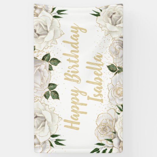 ホワイトローズ金ゴールドグリッターハッピーバースデー名 横断幕 (縦)