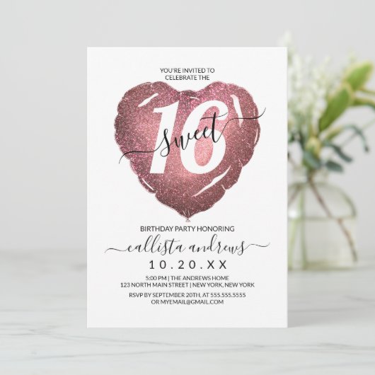 ホワイトローズ金ゴールドグリッターハートバルーンスウィート16 招待状 (スタンド正面)