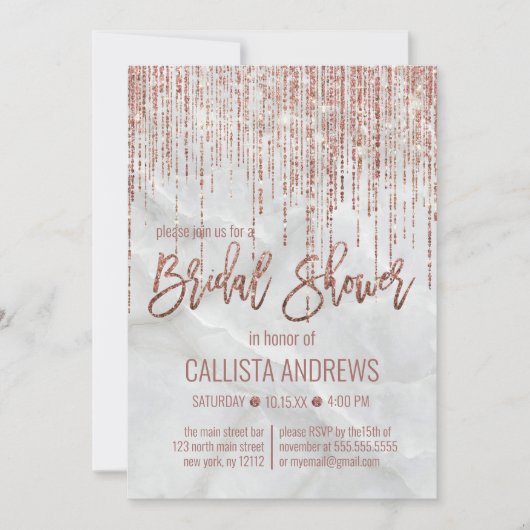 ホワイトローズ金ゴールドグリッターパールマーブルブライダルシャワー 招待状 (正面)