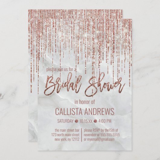 ホワイトローズ金ゴールドグリッターパールマーブルブライダルシャワー 招待状 (正面/裏面)