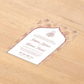 ホワイトローズ金ゴールドダマスクアーチムスリム結婚ズ アクリル招待状 (レイダウン)