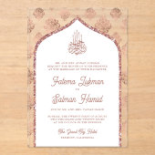 ホワイトローズ金ゴールドダマスクアーチムスリム結婚ズ アクリル招待状 (正面)