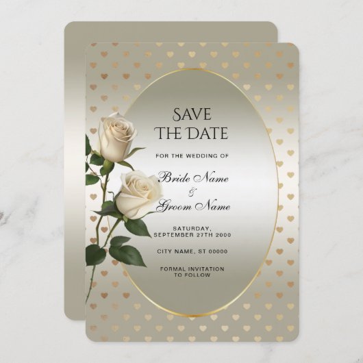 ホワイトローズ金ゴールドハート保存日 セーブザデート (正面/裏面)