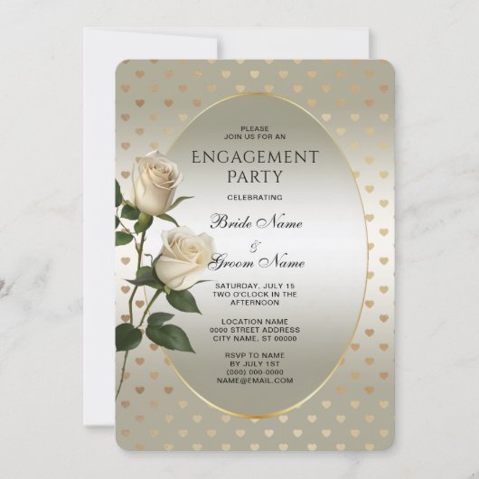ホワイトローズ金ゴールドハート婚約招待状 招待状 (正面)